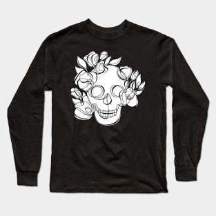 Minimalistic Continuous Line Skull with Poppies Long Sleeve T-Shirt